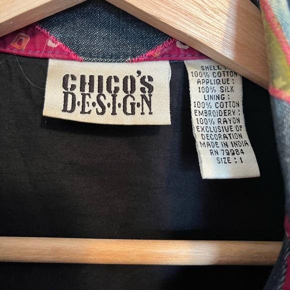 Chicos Design Vintage Embroidered Artsy Silk Patchwork Denim Jacket - Picture 7 of 11